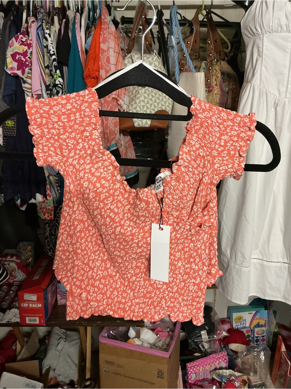 BB Dakota Coral Floral Smocked Off-Shoulder Crop Top
